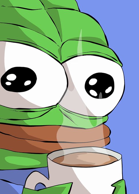 A cartoon character wrapped in green leaves and a brown scarf holds a steaming cup of coffee with wide, shiny eyes, suggesting an eager morning readiness. The image pairs with the post's question about choosing between checking your portfolio or coffee first, as the character appears ready to dive into their steaming cup.