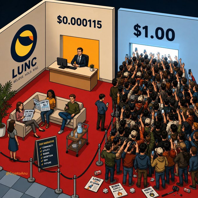 A satirical cartoon illustrates the cryptocurrency "LUNC," showing a ticker price of "$0.000115" with the slogan "BELIEVE. HOLD. RISE," while a lone executive sits in a booth across from a massive, hyped crowd expecting "$1.00."