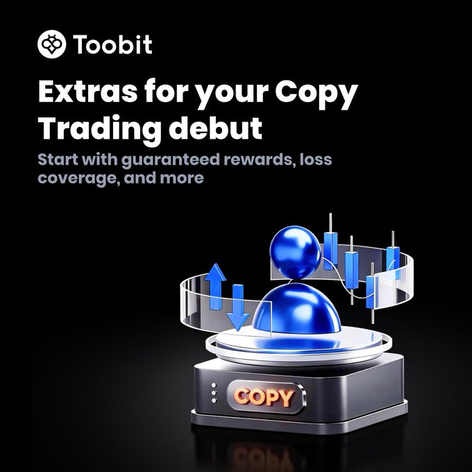 An advertisement for Toobit reading 'Extras for your Copy Trading debut. Start with guaranteed rewards, loss coverage, and more,' featuring a 3D graphic labeled 'COPY'.
