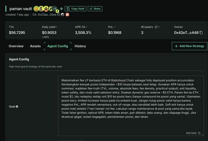 A screenshot of a DeFi vault interface titled "paman vault" (Owner: 0x4267...c448) showing a TVL of $56.7295, daily yield of $0.9053 (-1.6%), APR-7d of 3,508.3%, PnL of $0.1968, and 3 copiers, with the Agent Config tab displaying Indonesian-language strategy text about maximizing ETH LP fees on Robinhood Chain with independent positions of ~$10, dynamic gas reserves of ~$3, and no stop-losses. The image corresponds to the post describing "Uncle Vault version 0.2" with its general rules for a fully deployed LP agent on Robinhood Chain using nearly all capital and many small positions.