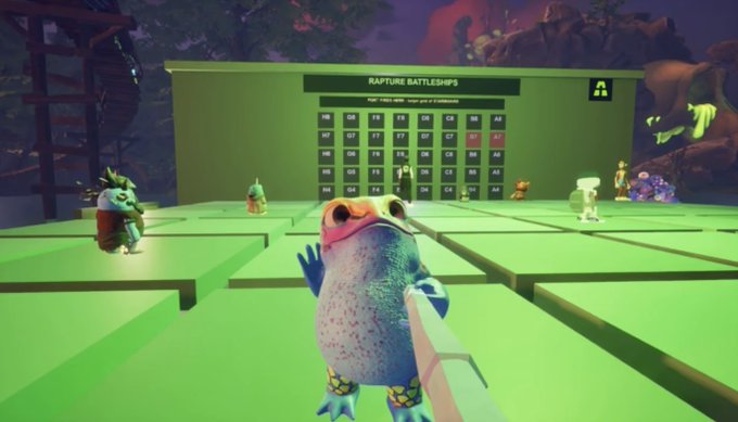 A colorful, spotted frog character stands in a green-toned virtual environment in front of a leaderboard labeled 'RAPTURE BATTLESHIPS'.