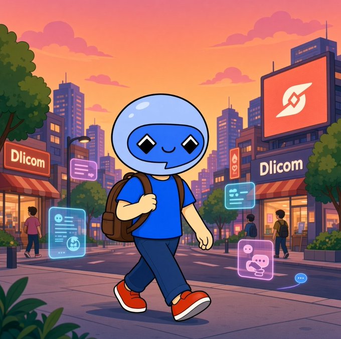 A cartoon-style illustration of a blue robotic character with a backpack walking through a city street at sunset, with floating chat bubble icons and 'Dlicom' storefronts in the background.