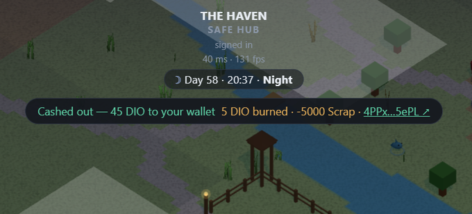 A screenshot from a video game showing the location "THE HAVEN" (Safe Hub) at Day 58, 20:37, Night, with UI text confirming "Cashed out — 45 DIO to your wallet."