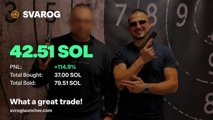 A promotional image for SVAROG showing two men at a shooting range with the text '42.51 SOL', PNL of '+114.9%', Total Bought 37.00 SOL, Total Sold 79.51 SOL, and the caption 'What a great trade!' with svroglauncher.com.