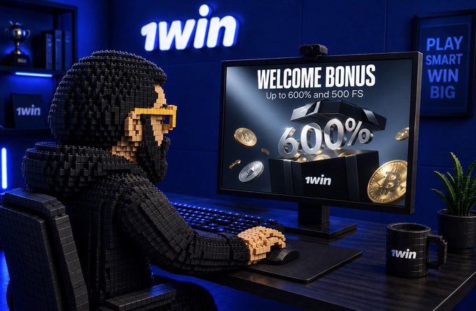 A dark blue themed promotional image for "1win" showing a Lego-style hooded figure at a computer displaying "WELCOME BONUS Up to 600% and 500 FS" with Bitcoin coins and a "PLAY SMART WIN BIG" sign in the background.