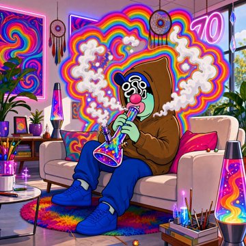 A digital illustration shows a green-skinned character in a brown hoodie and red clown nose smoking a colorful bong, sitting on a couch amid a vibrant, psychedelic rainbow-splattered room with lava lamps.