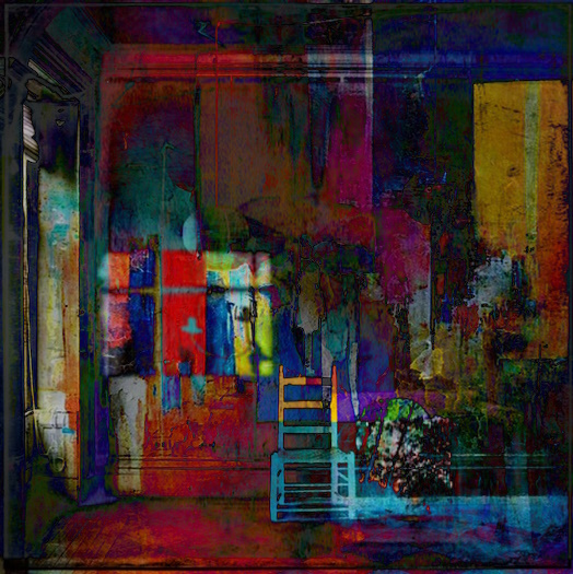 The image features a colorful room with a chair placed near the center of the scene, surrounded by various objects such as a potted plant, vase, and painting. The background includes a window that adds depth to the composition. The colors used in the artwork are vibrant and diverse, creating an interesting visual experience for viewers.