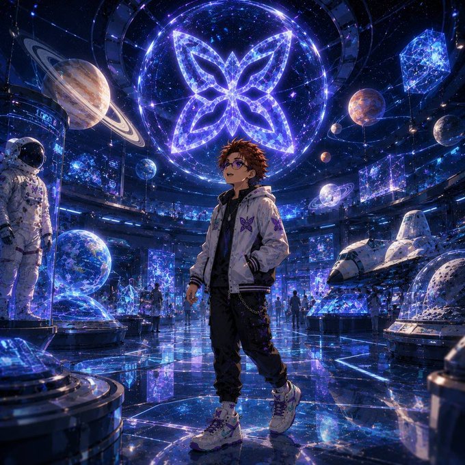 An anime-style illustration of a young person with red hair and glasses standing in a futuristic, space-themed museum or atrium with planets, a glowing atomic symbol, and astronaut displays.