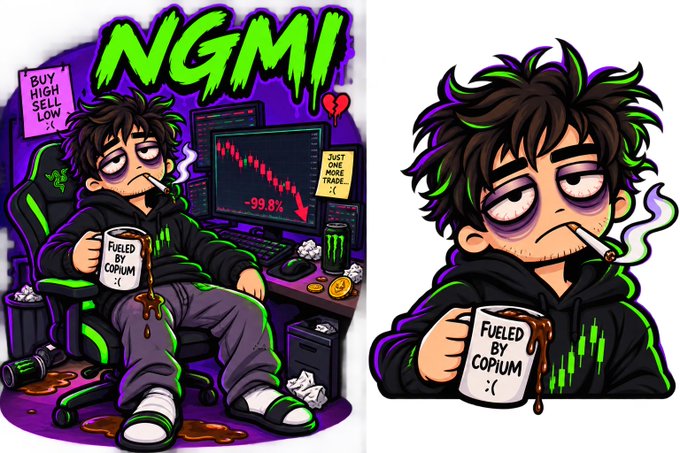 An exhausted cartoon trader with dead eyes and a cigarette holds a mug labeled "FUELED BY COPIUM" while staring at a chart showing -99.8% losses, surrounded by sticky notes reading "BUY HIGH SELL LOW" and "JUST ONE MORE TRADE :(" under the bold "NGMI" text. The image humorously captures the despair of someone who has lost nearly everything, fitting the post's questioning "What's happening?" with a relatable depiction of financial ruin and cope.