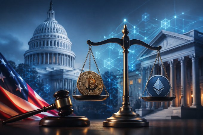 The image depicts a golden scale of justice weighing a Bitcoin (₿) coin against an Ethereum (Ξ) coin, set before the U.S. Capitol building and a classical courthouse with an American flag and gavel in the foreground.

The visual symbolizes the regulatory balancing act between major cryptocurrencies and U.S. legislative and judicial institutions, aligning with the post's discussion of the CLARITY Act's uncertain fate and the potential shift toward SEC and CFTC rulemaking—exemplified by "Project Crypto"—to establish clarity in digital asset regulation.