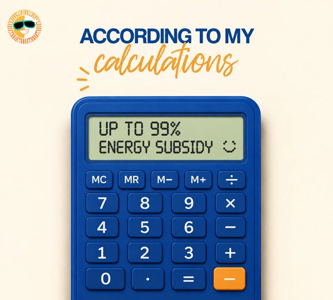A blue calculator displays "UP TO 99% ENERGY SUBSIDY ☺" on its screen, with the playful heading "According to my calculations" above it. The image visually reinforces the message that SUN.io significantly reduces (by up to 99%) the energy costs users face when performing DeFi operations like swaps, liquidity provisions, and staking on TRON.