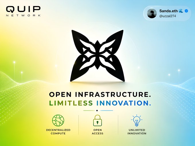The image is of a sign that explains the concept of open infrastructure which includes limiting innovation. It has a butterfly shape as its central element, symbolizing freedom and transformation. The text above the butterfly reads "Open infrastructure. Limitless innovation". Below this text there are various icons representing different aspects of decentralized computing such as access to computing power, centralized computers, free software, digital education, e-commerce, and more. There is also a person's profile picture on the right side of the image with their name, Sandaethu.