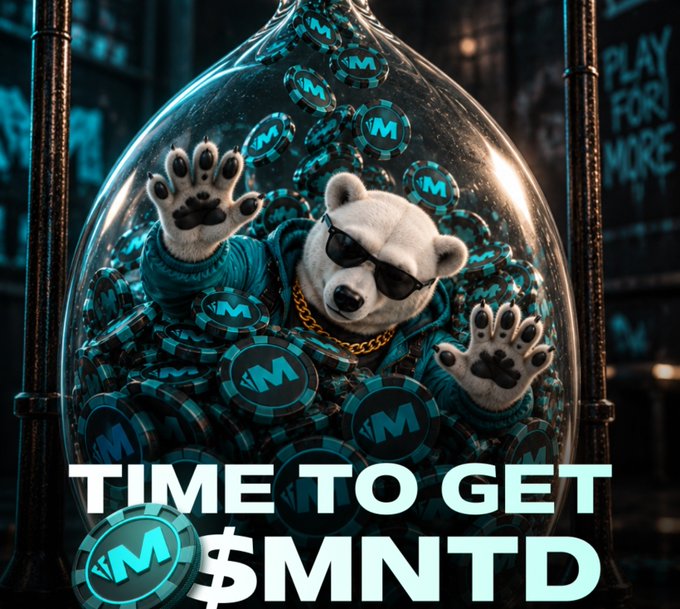 A promotional image featuring a polar bear character wearing sunglasses and a gold chain inside a glass container filled with 'M' tokens, with the text 'TIME TO GET $MNTD' displayed prominently.