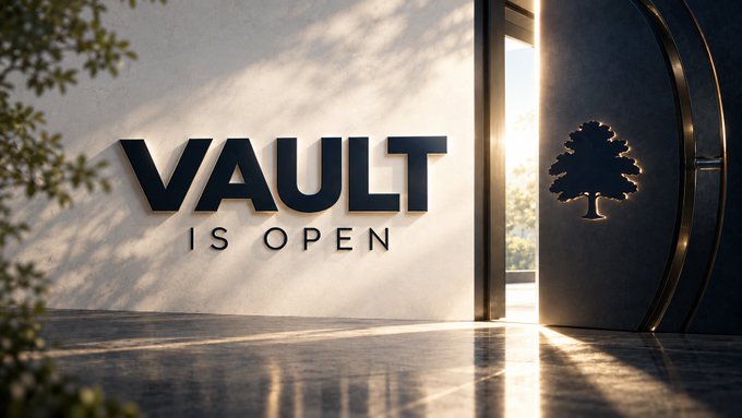 The image displays the bold text "VAULT IS OPEN" on a light-colored wall beside an open, ornate vault door with a tree emblem, symbolizing the launch of the Forest Road Vault. This visual reinforces the post's announcement that the protocol is now operational, with the vault officially open for staking into sUSDfr.