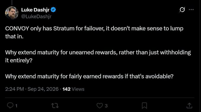 A tweet from Luke Dashjr (@LukeDashjr) discussing CONVOY, Stratum failover, and extending maturity for unearned and fairly earned rewards, posted at 2:24 PM on Sep 24, 2026.
