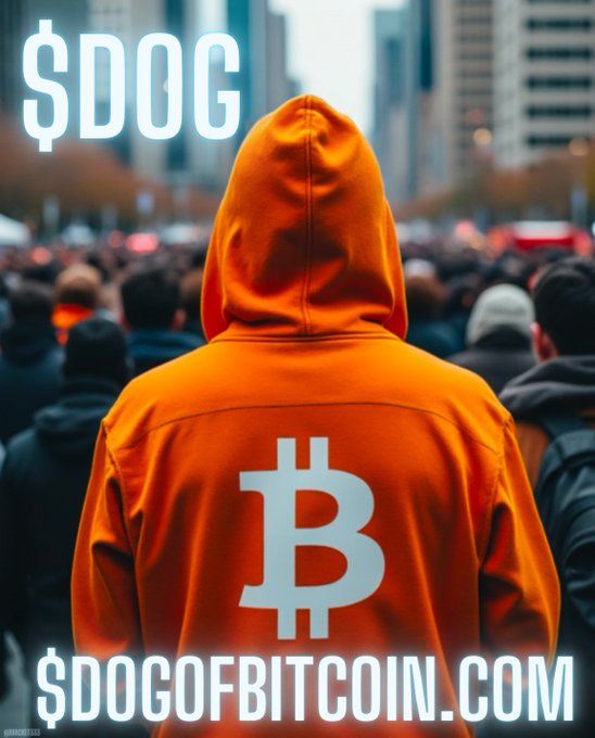 A person in an orange hoodie with a Bitcoin "₿" logo stands facing a crowd in a city, with "$DOG" in the top-left and "$DOGOFBITCOIN.COM" displayed at the bottom—visually emphasizing $DOG's community-driven, Bitcoin-themed identity.