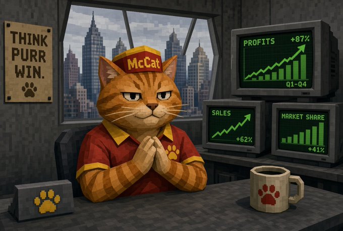 An animated cat wearing a McDonald's-style visor labeled 'McCat' and a red and yellow uniform sits at a desk with monitors showing 'PROFITS +87% Q1-Q4', 'SALES +62%', and 'MARKET SHARE +41%', with a 'THINK PURR WIN.' sign nearby.