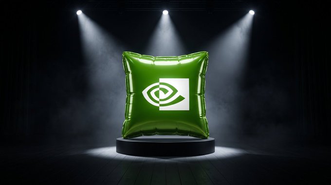 A green foil pillow bearing the NVIDIA logo is displayed on a podium under three spotlights in a dark stage setting.
