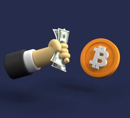 A 3D-rendered cartoon hand in a business suit holds a stack of US dollar bills next to a large orange Bitcoin coin against a navy background, visually symbolizing the choice between traditional fiat currency and cryptocurrency as an escape from mounting national debt.