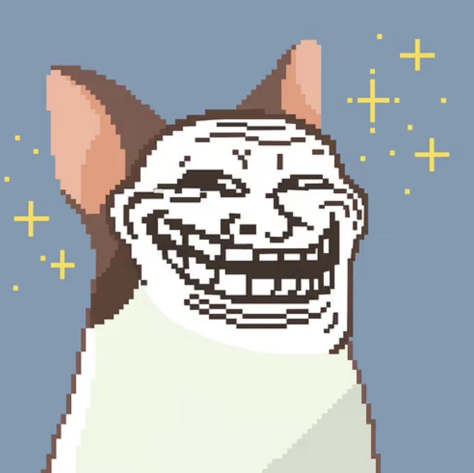 A pixel art illustration shows a cat-like character with a white, grinning trollface on its body, surrounded by yellow sparkle effects against a blue background.