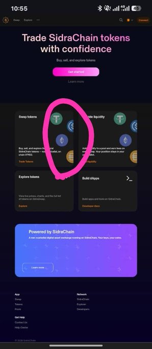 A mobile screenshot of a website titled 'Trade SidraChain tokens with confidence' shows options like 'Swap tokens' and 'Provide liquidity'; a pink circle is drawn over the interface.