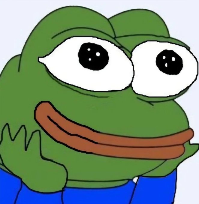 A digital illustration of the green Pepe the Frog meme character smiling with wide eyes.