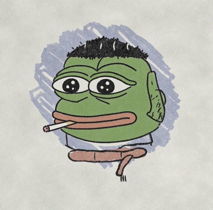 A sketch-style cartoon illustration of a green, Pepe-like character with spiky black hair, large droopy eyes, and a cigarette dangling from its mouth, set against a purple circular background.