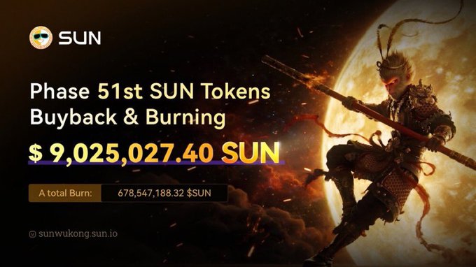The image announces SUN's 51st token buyback and burn phase, displaying $9,025,027.40 SUN burned in this round and a total burn of 678,547,188.32 $SUN, alongside an illustration of a monkey warrior with a staff against a fiery moon backdrop.