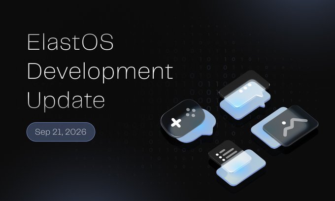 A sleek dark-themed slide titled 'ElastOS Development Update' dated 'Sep 21, 2026' displays floating 3D icons representing chat, gaming, and menu features.
