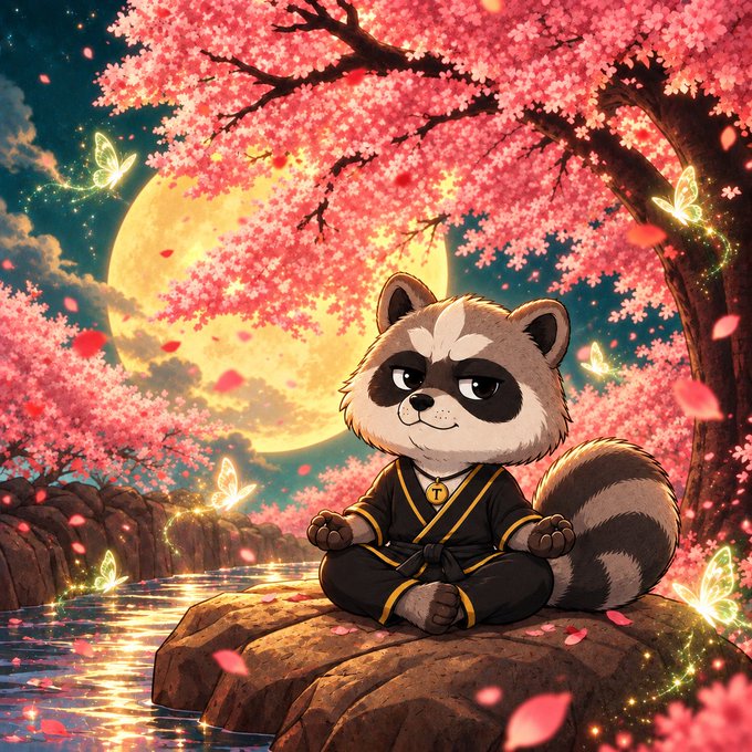 A whimsical digital illustration of a cartoon raccoon dressed in a black martial arts gi meditating on a rock beneath pink cherry blossom trees, with a large full moon and glowing butterflies in the background.