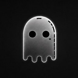 A minimalist black and white illustration features a stylized ghost-like figure with two round eye holes and a small stitched mouth.