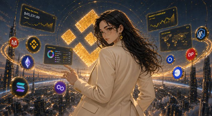 The image features a woman with long hair standing against a city skyline at night. She is wearing a beige jacket and appears to be looking down at her phone, which has an app icon displayed on its screen. The background of the image shows various icons related to cryptocurrency and digital assets, such as Bitcoin and Etherium. The post seems to be discussing the importance of having all your portfolio data in one place for better organization and management.