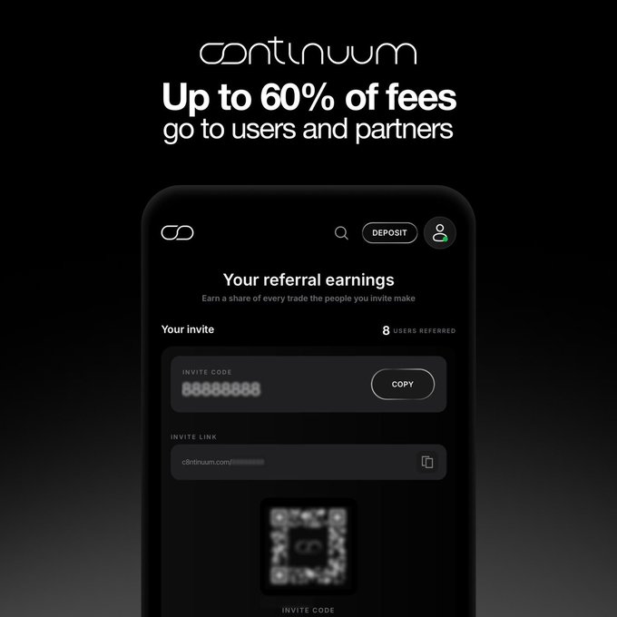 An advertisement for 'continuum' promotes 'Up to 60% of fees go to users and partners,' showing a mobile screen with a referral earnings interface, an invite code, and a QR code.