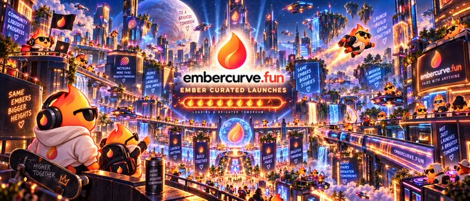 A vibrant, futuristic cityscape features "embercurve.fun" and "EMBER CURATED LAUNCHES" prominently in the center, surrounded by glowing billboards advertising "SAME EMBER HEIGHTS" and "COMMUNITY MEMBERSHIP." Two flame-headed characters wearing headsets and sunglasses overlook the bustling scene from a high vantage point, aligning with the post's announcement of upcoming server updates and the imminent launch of the $EMBER curated launches module.