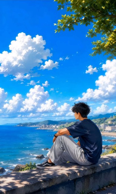 An anime-style illustration of a young man with dark hair sitting on a stone wall overlooking a bright blue ocean and coastline under a sky filled with white clouds.