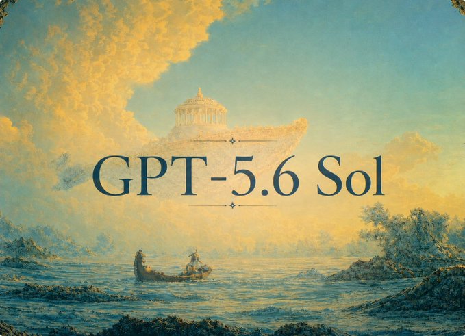 The image is a dreamy, painterly seascape where a classical domed structure emerges from golden clouds, with small boats in turquoise waters below. Centered text reads "GPT-5.6 Sol," tying the mythological, elevated atmosphere to the post's announcement that the model has gone fully Solana-native with sharper outputs and improved vibe coding on @solana via trynoah.ai.