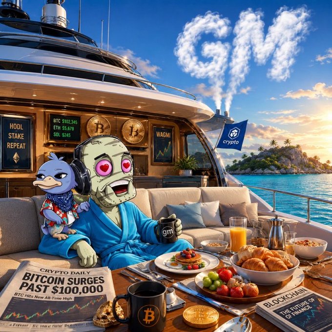 A surreal crypto-themed scene featuring a Pepe-like character and a bird in bathrobes lounging on a yacht with 'BITCOIN SURGES PAST $100,000' on a newspaper, surrounded by pancakes, Bitcoin coins, and tropical scenery.