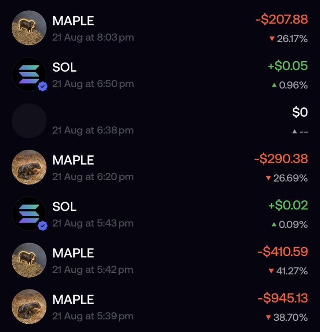 A cryptocurrency trading app showing transactions on August 21st, with multiple losses on MAPLE (including -$945.13, -$410.59, -$290.38, and -$207.88) and small gains on SOL (+$0.05 and +$0.02).