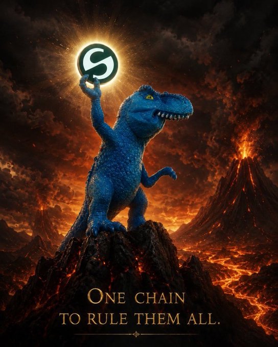 A promotional image featuring a blue T-Rex standing on a volcanic rock holding up a glowing 'S' logo, with the text 'ONE CHAIN TO RULE THEM ALL.' referencing the Stable blockchain.