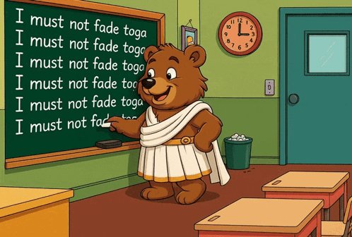 The image features a cartoon bear standing next to a green chalkboard with the words "I must not fade toga" written on it, which appears to be part of a classroom setting. The bear is dressed as a teacher or a Greek god/hero, and there are multiple desks in the background along with a clock hanging above them. A trash can is also visible near one of the desks.