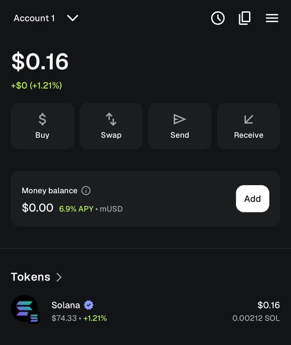 The screenshot displays a cryptocurrency wallet app showing an account balance of $0.16 with 0.00212 SOL (Solana, +1.21%), reflecting the humorous post about holding a minimal amount of crypto—"a dream" of bigger returns to come.