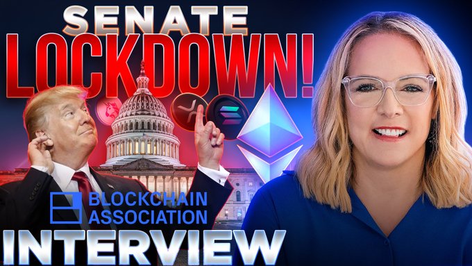 This image is a thumbnail for a "Senate Lockdown!" interview with Summer Mersinger from the Blockchain Association, featuring Donald Trump and cryptocurrency logos for $ETH, $SOL, and $XRP. The prominent text "SENATE LOCKDOWN!" and "INTERVIEW" directly relate to the provided post content.