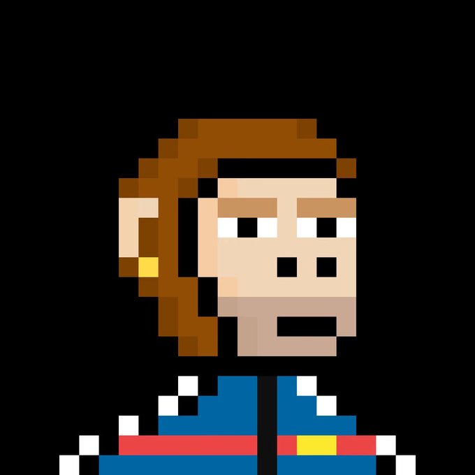 A pixel art portrait of a character with brown hair, a gold earring, and a blue outfit with red trim, set against a black background.