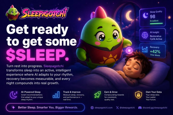 The image features a cartoon character named Sleepagotchi who is dressed as a green monster and has a pink hat. The character is lying down in bed, surrounded by various sleep-related items such as pillows and blankets. The text on the image promotes the idea of using an AI-powered app to help improve one's sleep quality, suggesting that Sleepagotchi can actively engage with users to provide personalized recommendations for better sleep habits.

The post also mentions a website called "Allure" where users can find more information about Sleepagotchi and other sleep-related products or services. The image is accompanied by a caption that reads: "Focus on what is in the image and how it relates to the post".