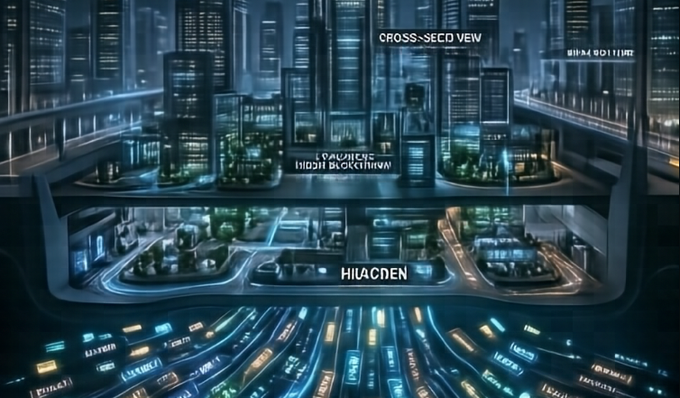 A futuristic night-time cityscape showing two levels of illuminated highways and skyscrapers with visible text including 'CROSS-SEED VIEW' and 'HILACDEN'.