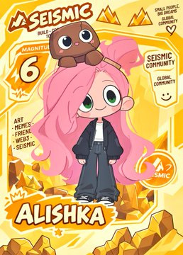 An NFT profile card for "ALISHKA" featuring a pink-haired cartoon girl with a small brown companion, showing Magnitude 6 and indicating it's a Seismic Community NFT, part of the SMC collection.