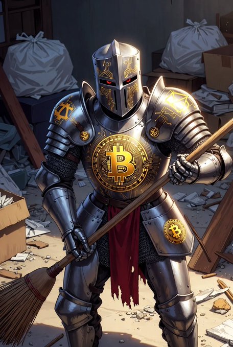 An AI-generated illustration of a medieval knight in full metallic armor, decorated with Bitcoin logos on the chest and knee, wielding a broom in a ruined setting.