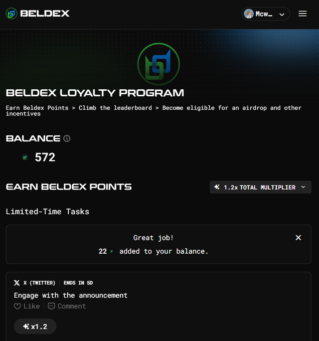 The Beldex Loyalty Program webpage showing a balance of 572 Beldex Points, with a task notification that 22 points were added and an X (Twitter) engagement task with 1.2x multiplier.