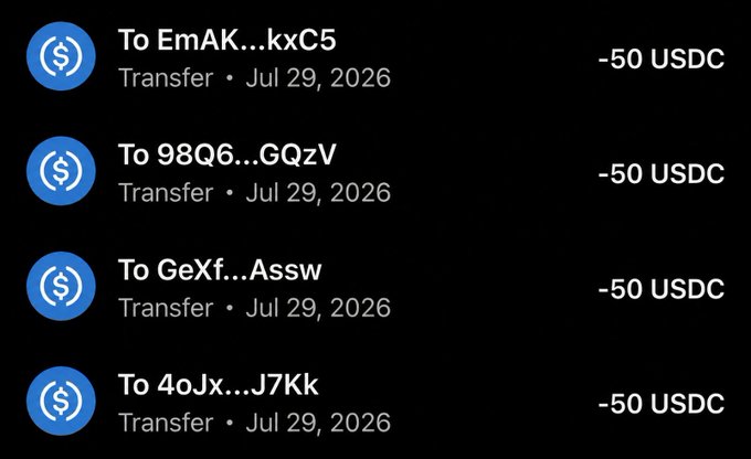The image displays a list of four outgoing transfers, each showing "-50 USDC" sent to different truncated wallet addresses (EmAK...kxC5, 98Q6...GQzV, GeXf...Assw, and 4oJx...J7Kk) on July 29, 2026. This appears to be a screenshot from a crypto wallet activity feed, likely shared to demonstrate a giveaway—where the poster is sending 50 USDC each to users who retweet and turn on notifications, presumably to win their Solana wallet.