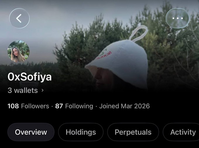 A mobile app profile screen for "0xSofiya" shows a user with 3 wallets, 108 Followers, 87 Following, joined Mar 2026, with navigation tabs for Overview, Holdings, Perpetuals, and Activity.